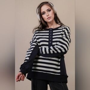 Oversized Striped Half Button Down Casual Knit Top NAVY & CREAM